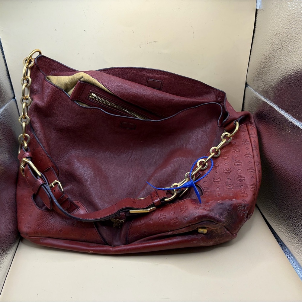 NO DISCOUNTS MCM SHOULDER BAG red monogram gold chain strap (needs to be dyed)